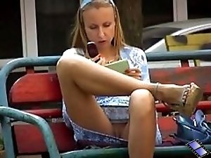2 movies - Voyeur upskirt pussy of filthy blonde amateur making a phone call on the bench