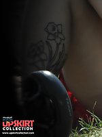 24 pictures - Female upskirt - tattooed brunette flashed on a glade