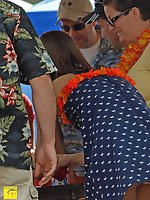 12 pictures - Girl in bright dress. Up skirts a sneek peek