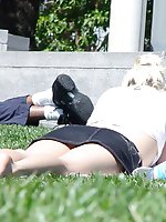 Upskirt pictures - Cute blonde in black denim mini. Hot upskirt