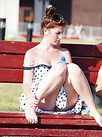 Upskirt pictures - Red thong panty up mini skirt