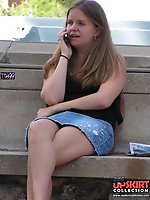 12 pictures - Best upskirt! Sitting cutie in denim mini voyeured