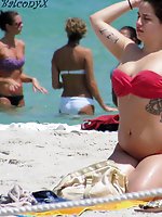Upskirt pictures - Chubby fems on the beach in bikinis